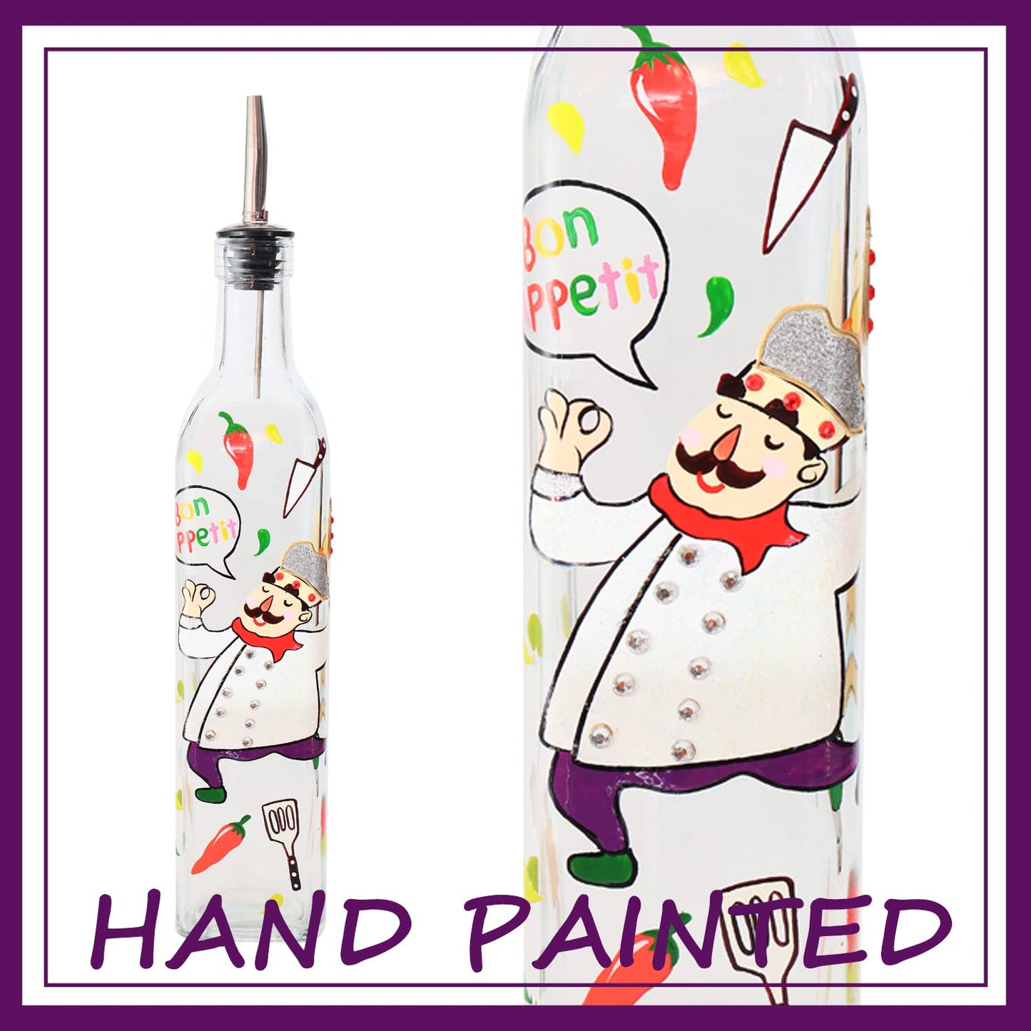 YIYUKODO 17oz Hand Painted Glass Olive Oil Bottle - 500ml Green Oil & Vinegar Cruet with Pourers and Funnel - Olive Oil Carafe Decanter for Kitchen (chef)