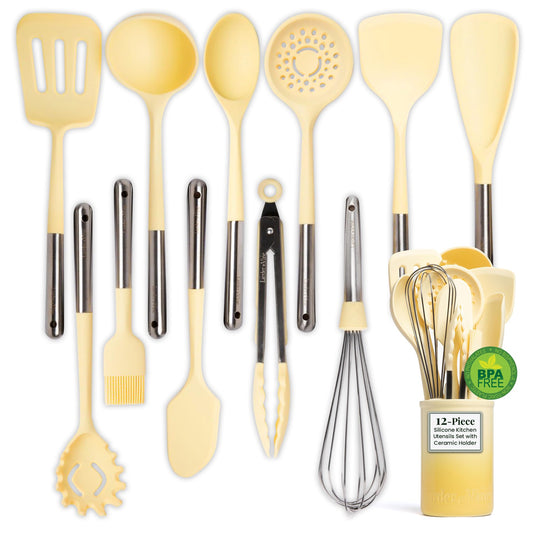 Limoncello 12-Piece Silicone Cooking Utensils Set | Silicone Utensils with Stainless Steel Handle and Ceramic Holder | Kitchen Utensils Set | Dishwasher Safe Set of Kitchen Essentials | Limoncello