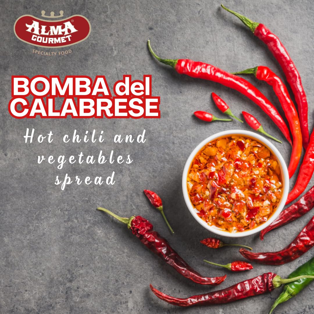 Alma Gourmet Bomba Calabrese Imported From Italy - Spicy Hot Calabrian Chili Peppers and Mixed Vegetables Spread - Italian Hot Sauce Spread - 10.9 Oz. (310 g.)