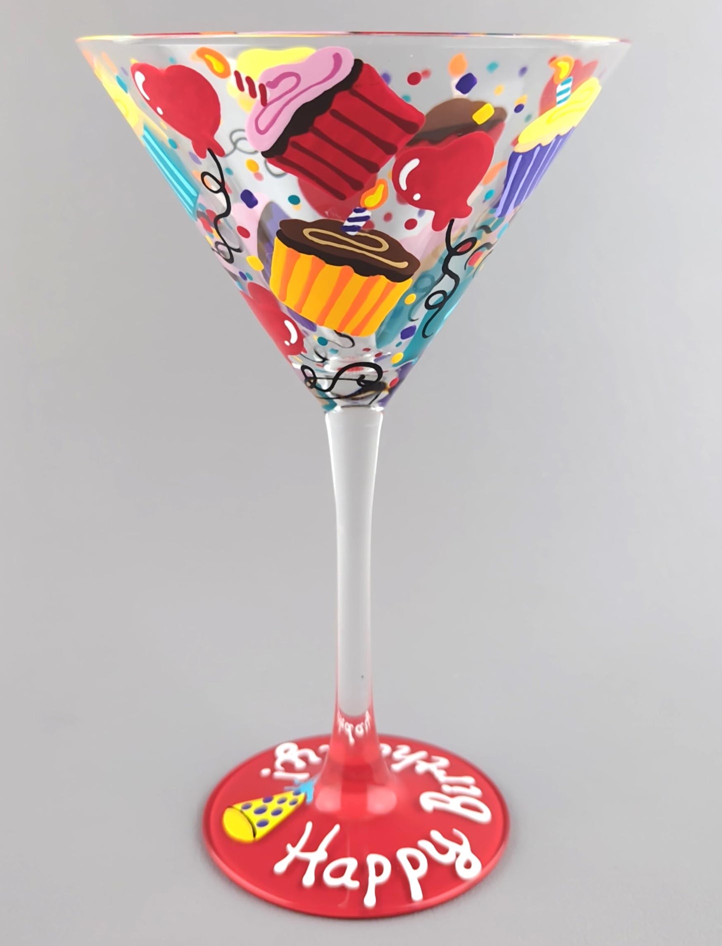 Handpainted Happy Birthday Martini Glass - Hand Painted - Cupcakes, Confetti and Heart Shaped Balloons - Colorful and Cheerful