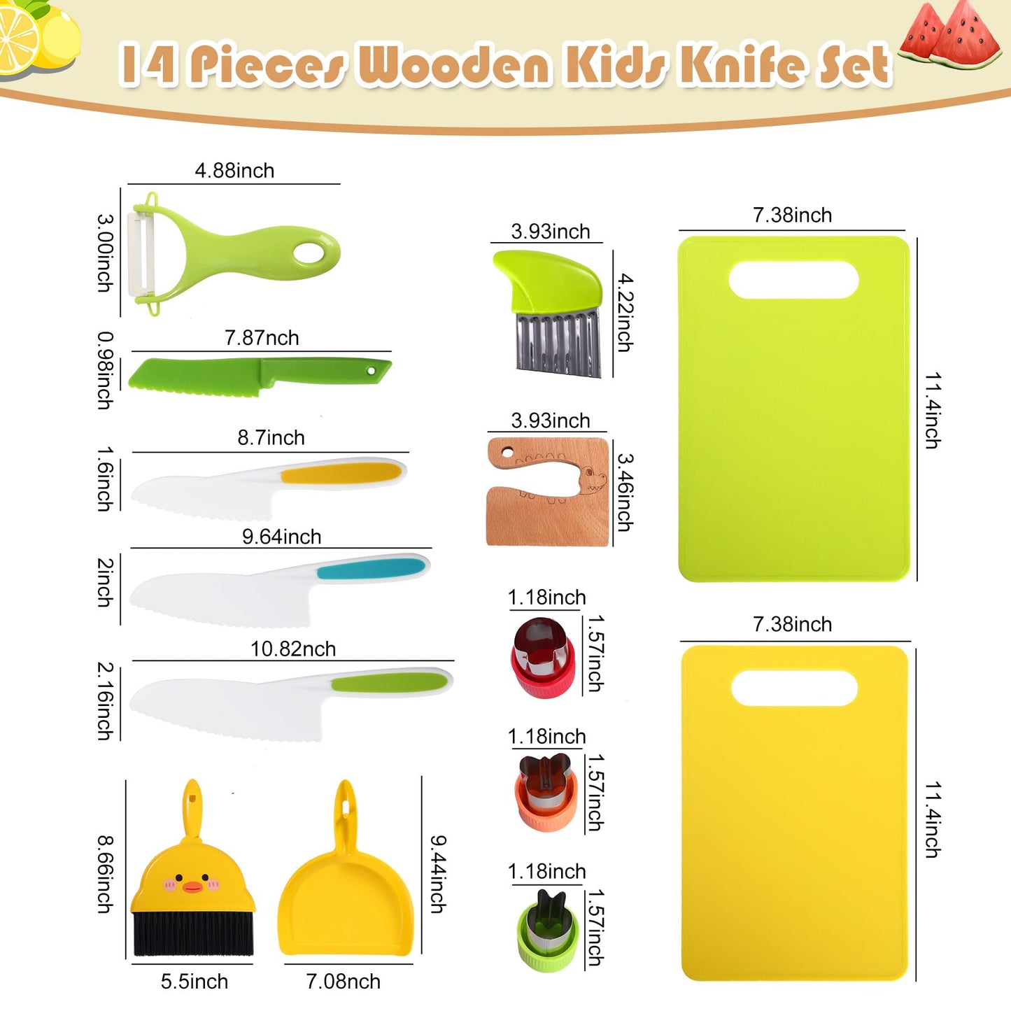 14-Piece Montessori Kids Knife Set for Real Cooking - Safe Plastic and Wooden Kitchen Tool Gift for Toddler Ages 2-9 | Learning Toy with Crinkle / Sandwich Cutter & Cutting Board, Birthday