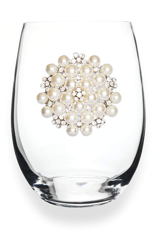 THE QUEENS' JEWELS Round Pearl Jeweled Stemless Wine Glass, 21 oz. - Unique Gift for Women, Birthday, Cute, Fun, Not Painted, Decorated, Bling, Bedazzled, Rhinestone