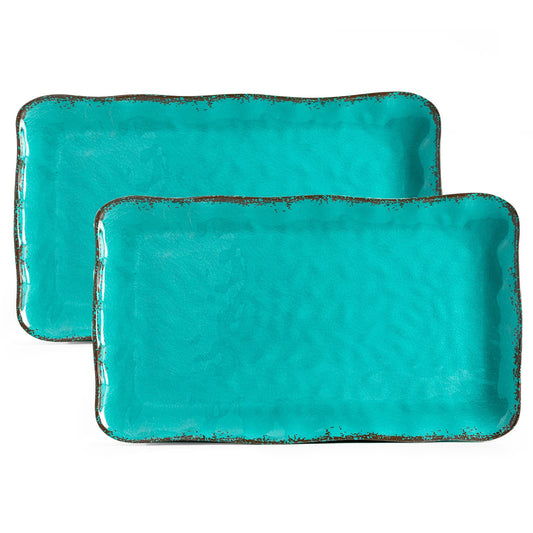 Teal Vintage Trim Melamine Serving Tray Set, Rectangular Large Serving Trays/Platters Set for Serving Food, BPA Free Food Serving Platters and Trays, Set of 2, 17.5"x 10", Teal