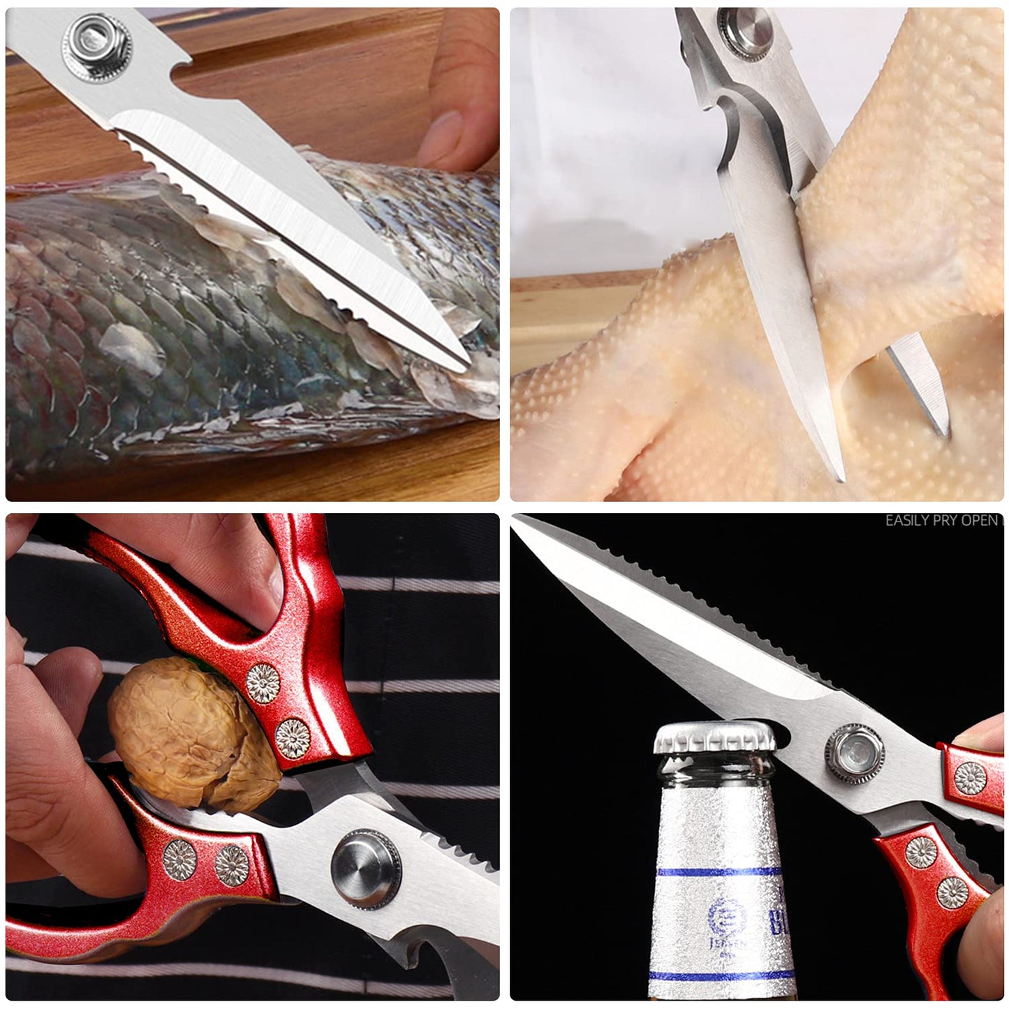 Sharp, Heavy Duty Kitchen Shears Dishwasher Safe, Kitchen Accessories Cooking Shears for Kitchen Meat Chicken Fish Poultry Herb Bread (Red Handle)