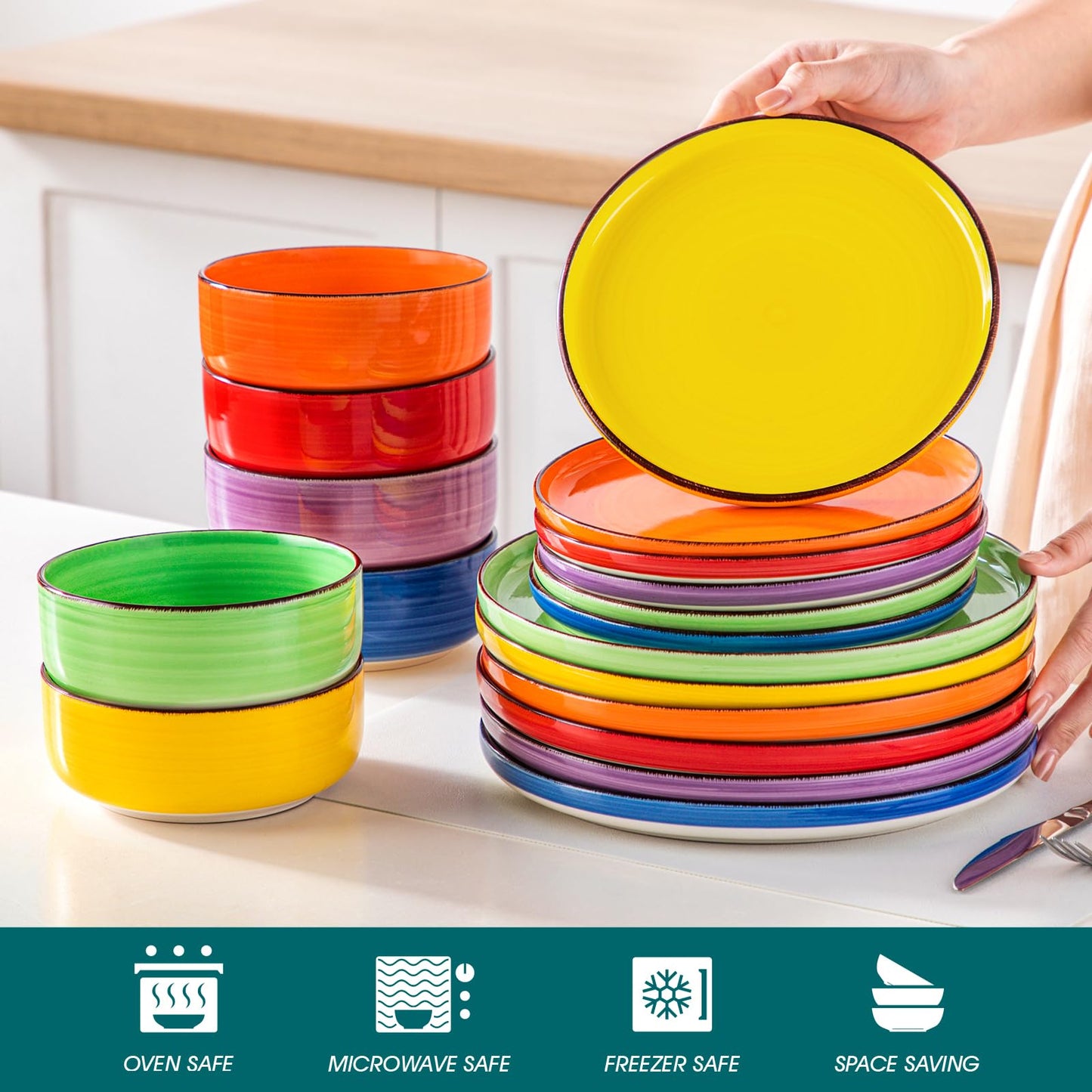 vancasso Bonita Dinnerware Sets 18 Pieces, Stoneware Dishes Set for 6, Plates Set and Bowls Set, Dinshwasher and Microwave Safe, Multicolor