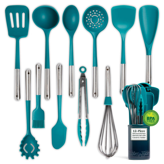 Bondi Teal 12-Piece Silicone Cooking Utensils Set | Silicone Utensils with Stainless Steel Handle and Ceramic Holder | Kitchen Utensils Set | Dishwasher Safe Set of Kitchen Essentials | Bondi