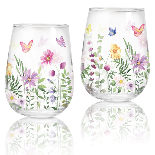 Whaline 2Pcs Spring Stemless Wine Glasses 17oz Watercolor Floral Butterfly Drinking Glasses Wild Flower Tumbler Cups for Party Supplies Gifts