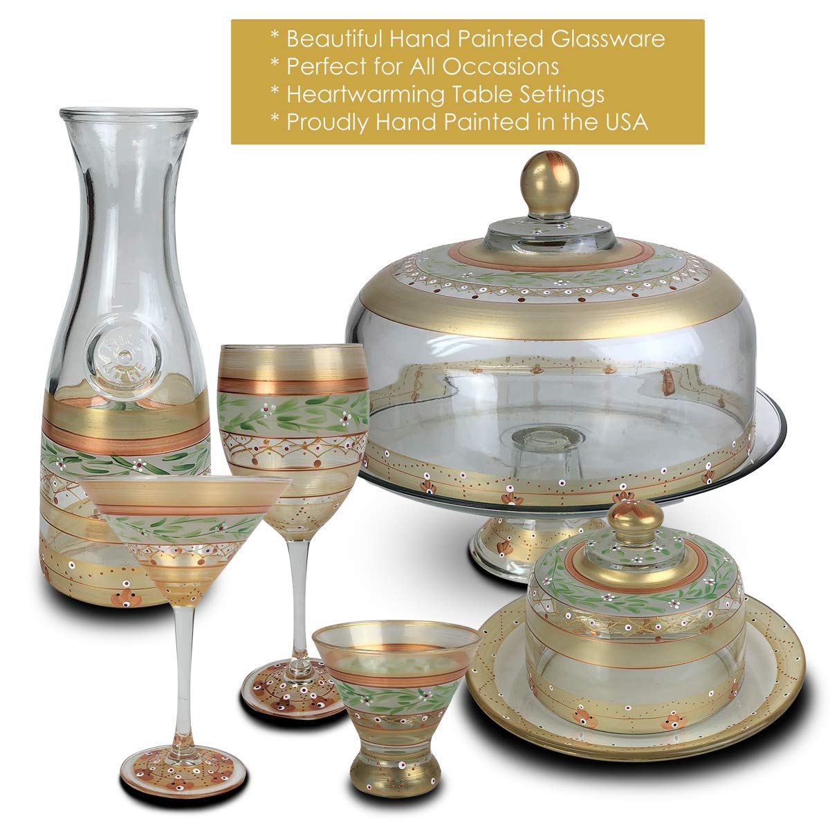 Golden Hill Studio Hand Painted Martini Glasses Set of 2 - Moroccan Mosaic Gold Garland Collection - Hand Painted Glassware by USA Artists - Unique and Decorative Martini Glasses, Kitchen Table Déco