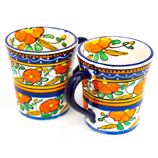 Global Crafts Encantada Handmade Hand-Painted Authentic Mexican Pottery Mugs (Orange Flower X2)