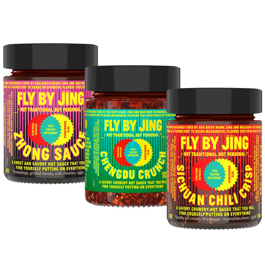 Variety Pack with Sichuan Chili Crisp, Zhong Sauce and Chengdu Crunch, All Natural and Vegan, Perfect Hot Sauce Gift for Foodies, 6 Oz. (3 Pack)