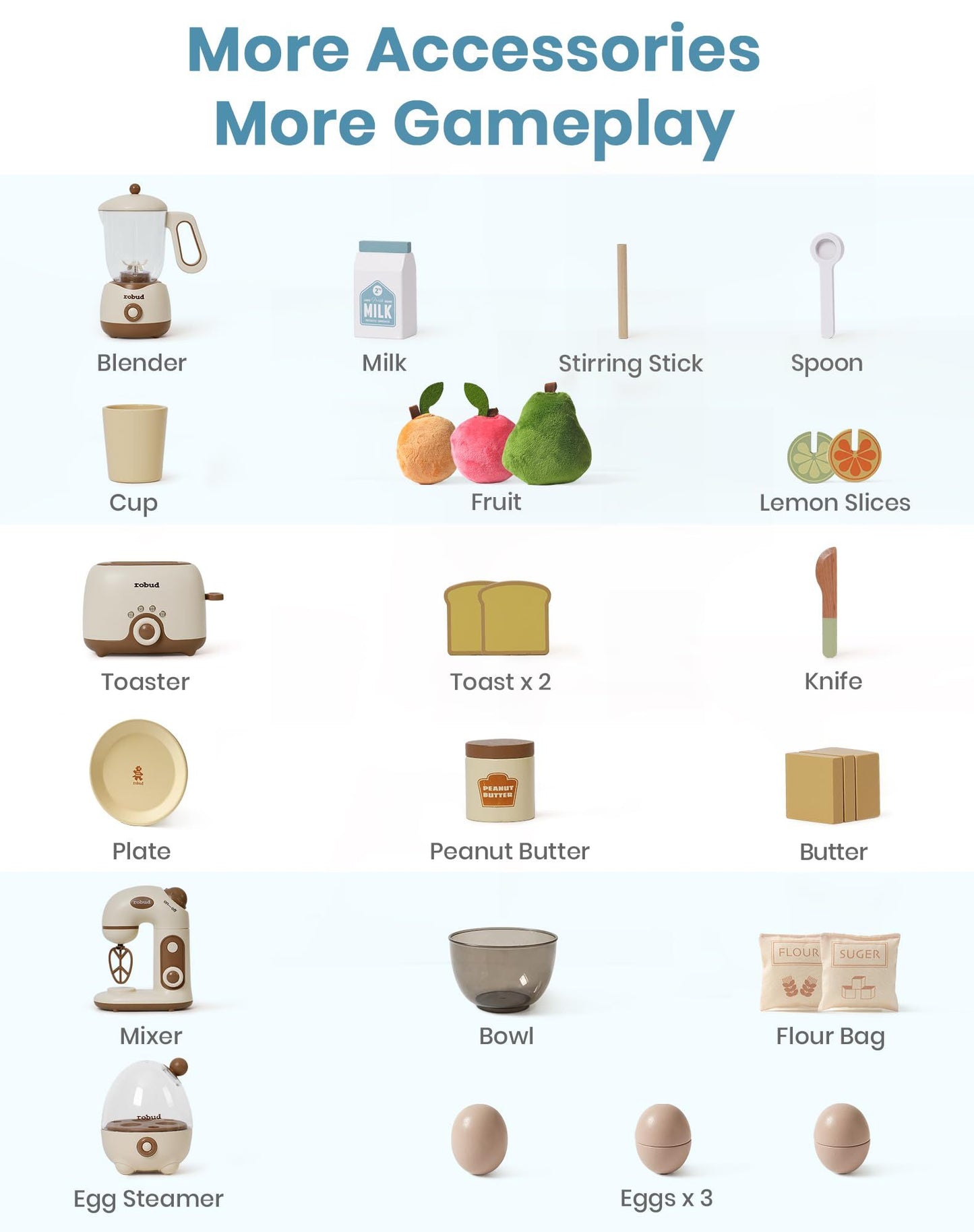 Wooden Pretend Play Kitchen Playset Food Set with Bread Maker and Juicer