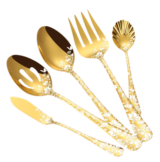Stapava 53-Piece Gold Silverware Set with Serving Utensils, Stainless Steel Gold Flatware Cutlery Set, Mirror Eating Utensils Tableware with Butterfly Flower Laser, Dishwasher Safe