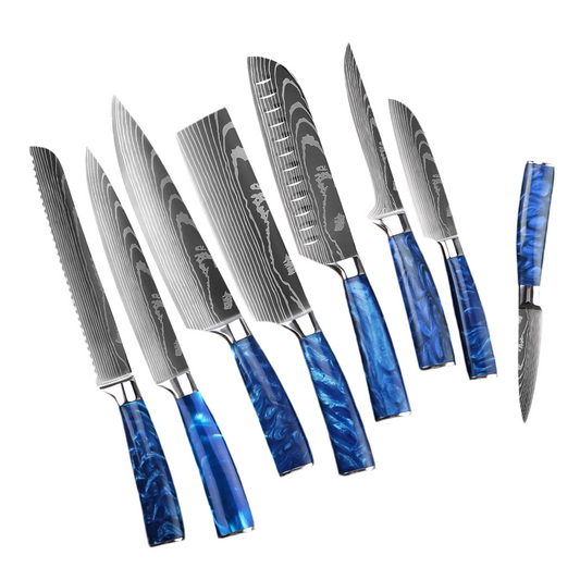 SENKEN 16-Piece Kitchen Knife Block Set - Japanese Chef's Knife Set with Laser Damascus Pattern, Includes 6 Steak Knives and Smoothly-Finished Acacia Hardwood Knife Block (Blue Resin Handles)