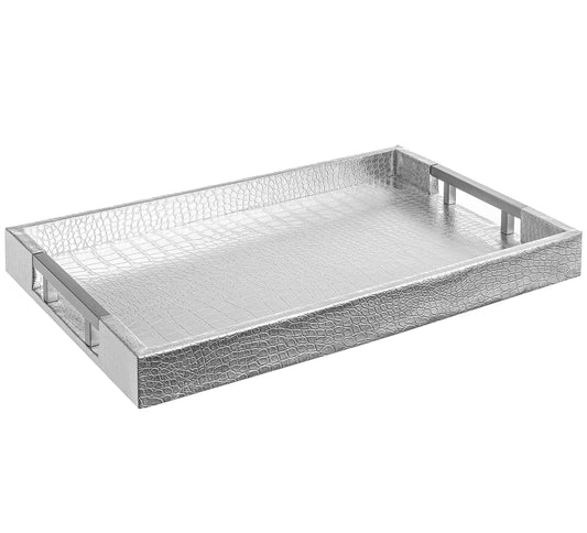 Modern Elegant 18"x12" Rectangle Glossy Silver Crocodile Faux Leather Tray Decorative Ottoman Coffee Table Tray Perfume Dresser Kitchen Serving Tray with Silver Metal Handles by Home Redefined