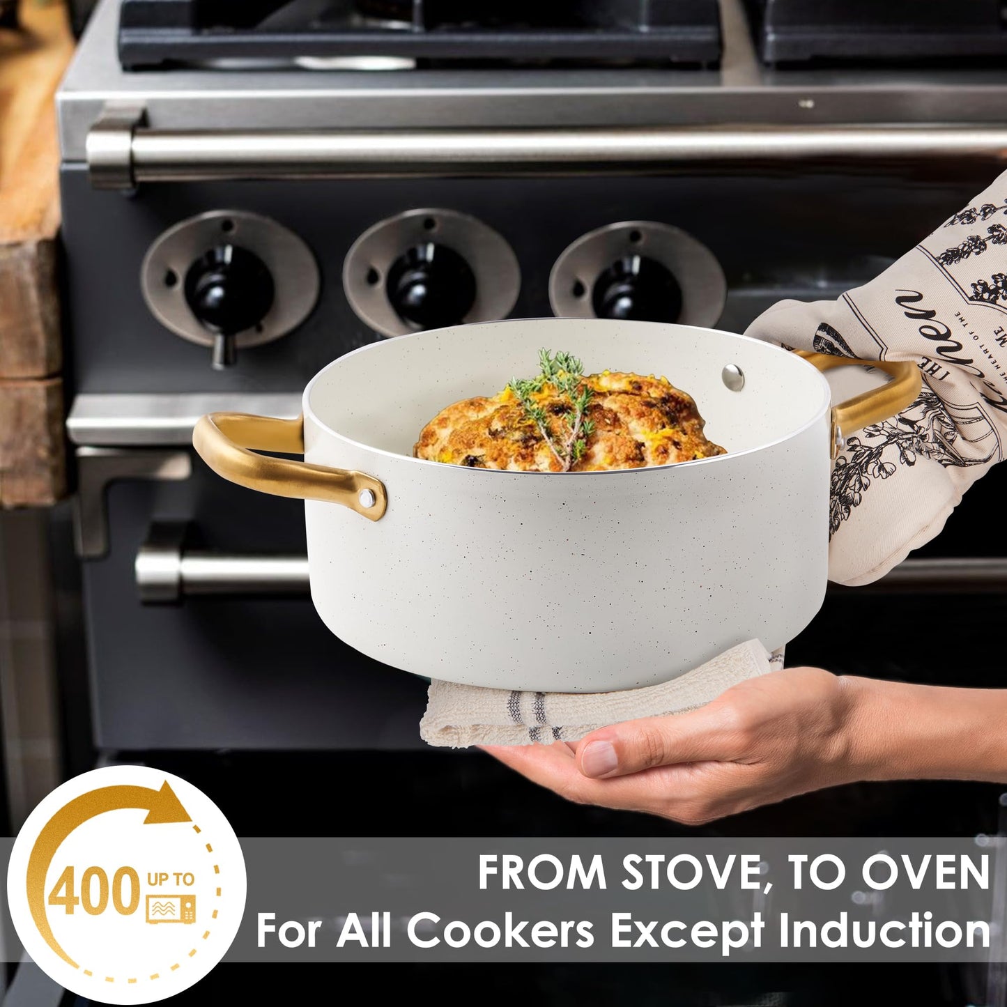 Ceramic Pots and Pans Set Nonstick - Kitchen Cookware Sets Non Toxic Cookware Set With Dutch Oven, Frying Pan Set, Saucepan, Sauté Pan, Cooking Utensils Set, White Gold Pans for Cooking Pot Set Gifts