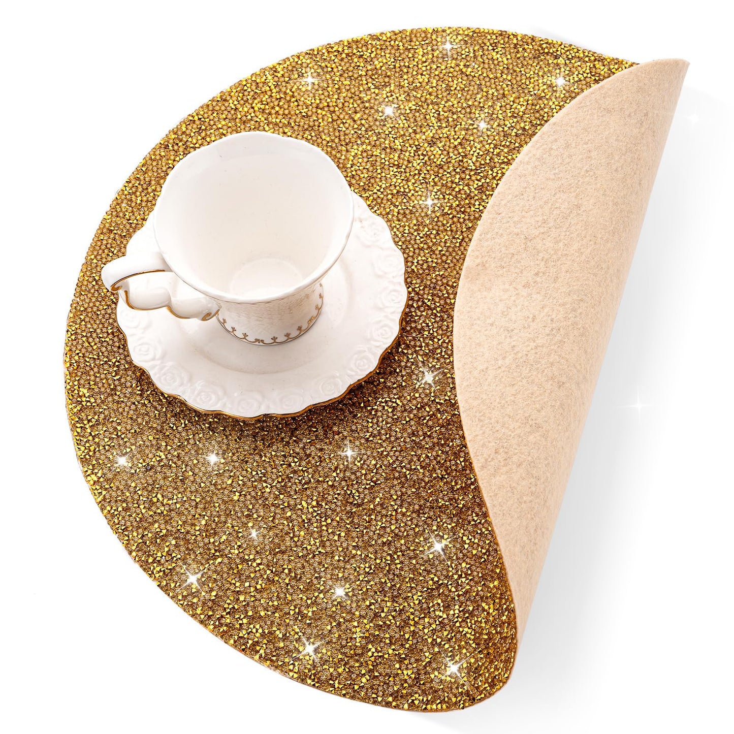 Cumouna Christmas Placemat, Gold Rhinestones Round Washable Elegant Glitter Table Mat for Christams Winter Xmas Kitchen Home Decor Housewarming Gifts (15 Inch)