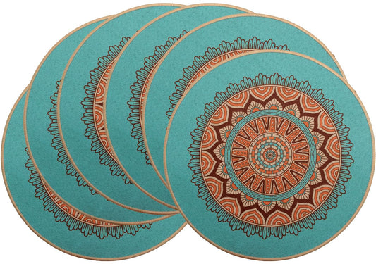 PIGCHCY Round Boho Placemats Set of 6, Rubber Heat Resistant Tabel Mats, Waterproof Washable Placemat for Dining Table Decoration (Teal)
