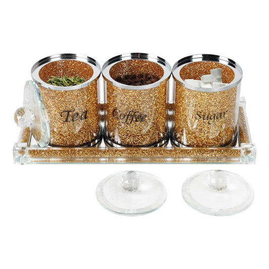 Topsky Coffee Sugar Tea Crystal Canister Set of 4,Sparkly Crystal Crushed Diamonds Home Decor,Silver Kitchen Coffee Jar Storage Set with Label & Lid,Storage Container Set for Countertop,Dining Room