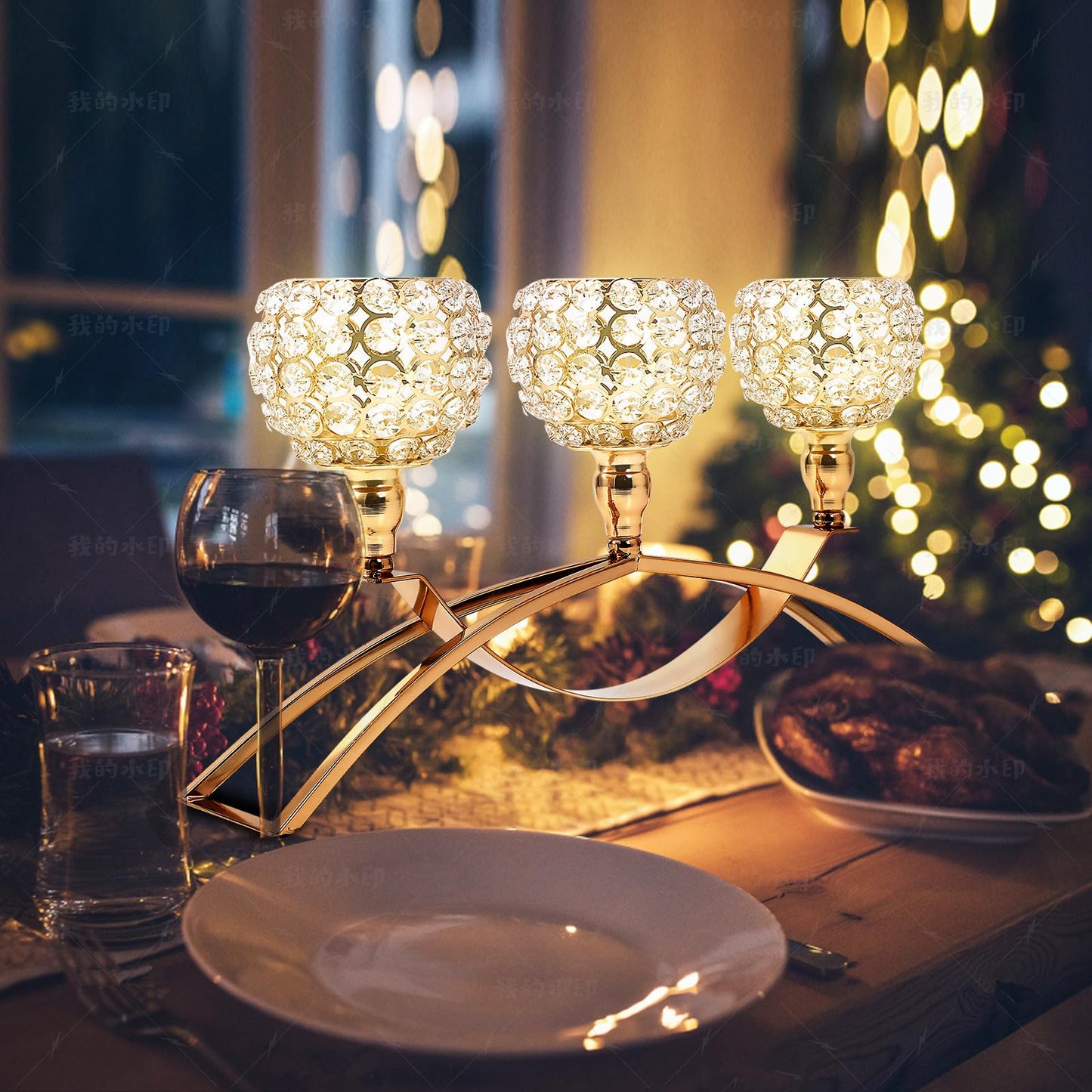 Gold Crystal Beaded Candle Holders 3 Arms Candelabra HurricaneTea Lights Candle Holder Wedding Coffee Dining Table Centerpiece Table Decorations Living Room Dinner Table Decor Gifts for Women Wife Mom