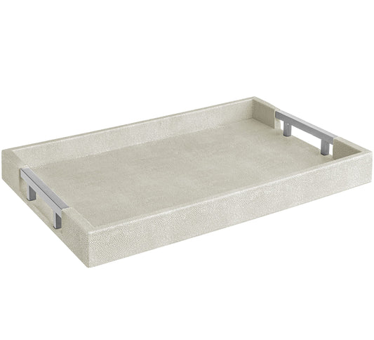 Modern Elegant 18"x12" Rectangle Natural Ivory Beige Faux Leather Shagreen Decorative Tray Ottoman Coffee Table Perfume Vanity Kitchen Serving Tray with Silver Metal Handles by Home Redefined.