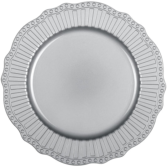TABLETROVES Silver Charger Plates Set - 13” Vintage Plastic Dinnerware Set - Reusable Elegant Serving Plates for Parties, Weddings and Events (6 Set)
