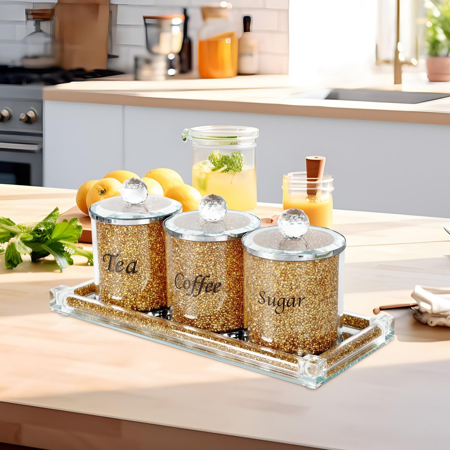 Topsky Coffee Sugar Tea Crystal Canister Set of 4,Sparkly Crystal Crushed Diamonds Home Decor,Silver Kitchen Coffee Jar Storage Set with Label & Lid,Storage Container Set for Countertop,Dining Room