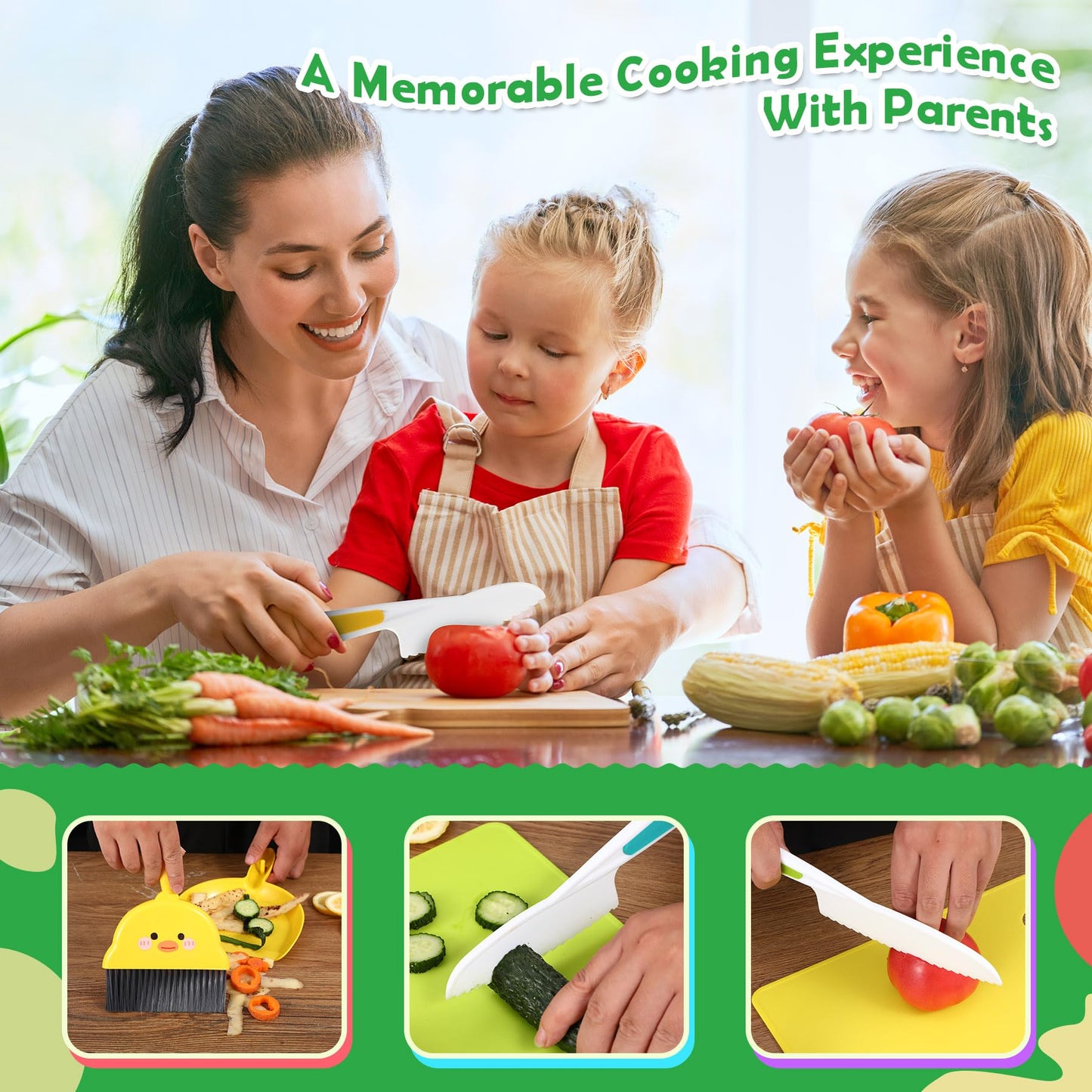14-Piece Montessori Kids Knife Set for Real Cooking - Safe Plastic and Wooden Kitchen Tool Gift for Toddler Ages 2-9 | Learning Toy with Crinkle / Sandwich Cutter & Cutting Board, Birthday