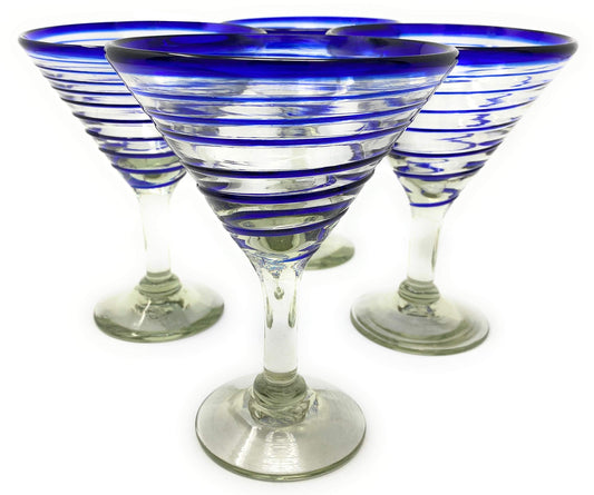 Mexican Hand Blown Glass – Set of 4 Hand Blown Modern Margarita Glasses - Blue Spiral (12 oz)
