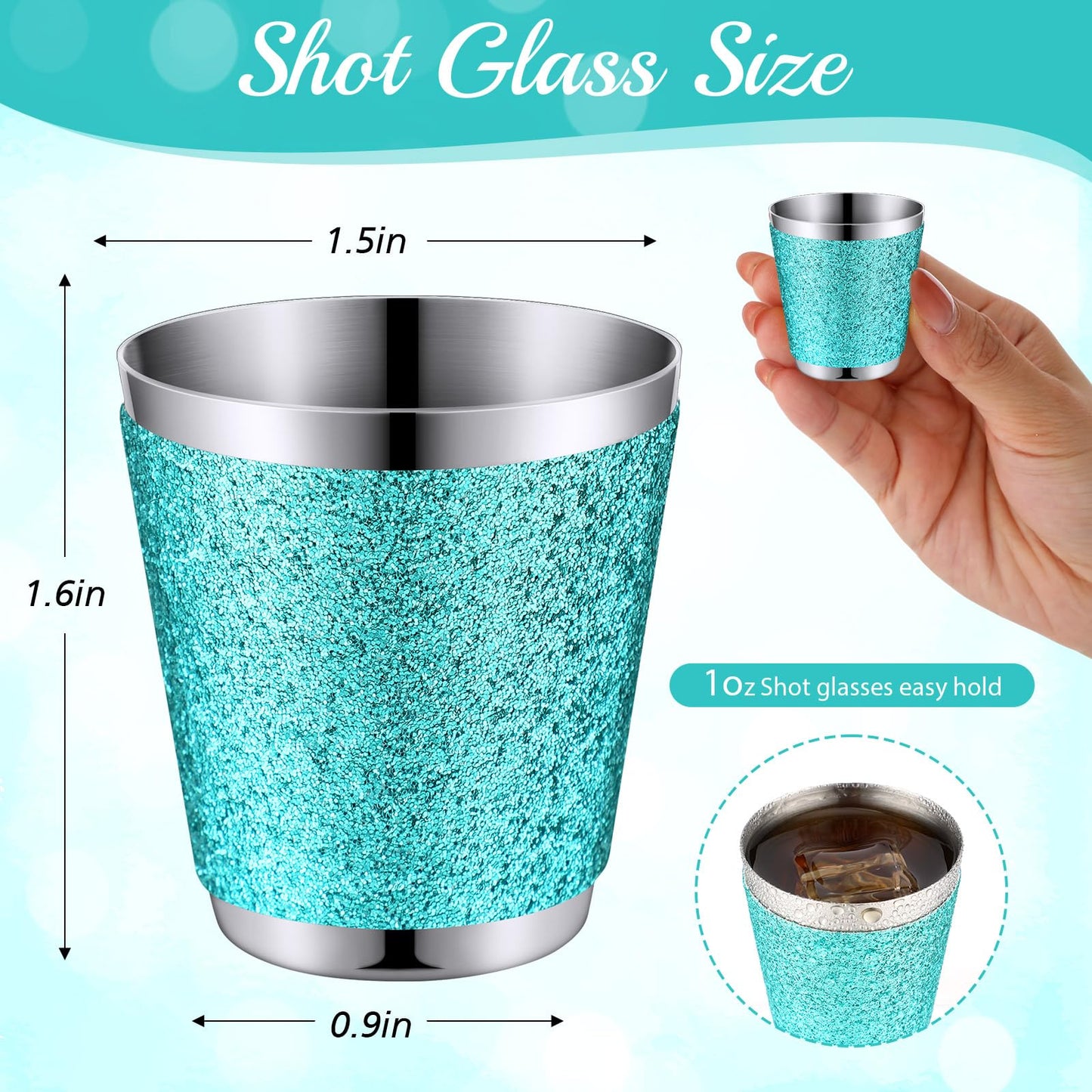 Qinyoung 50 Pcs 1 oz Stainless Steel Shot Glasses Bling Wine Glitter Metal Shot Glasses Bachelorette Wedding Valentine's Party Supplies for Espresso Whiskey Bar(Teal)