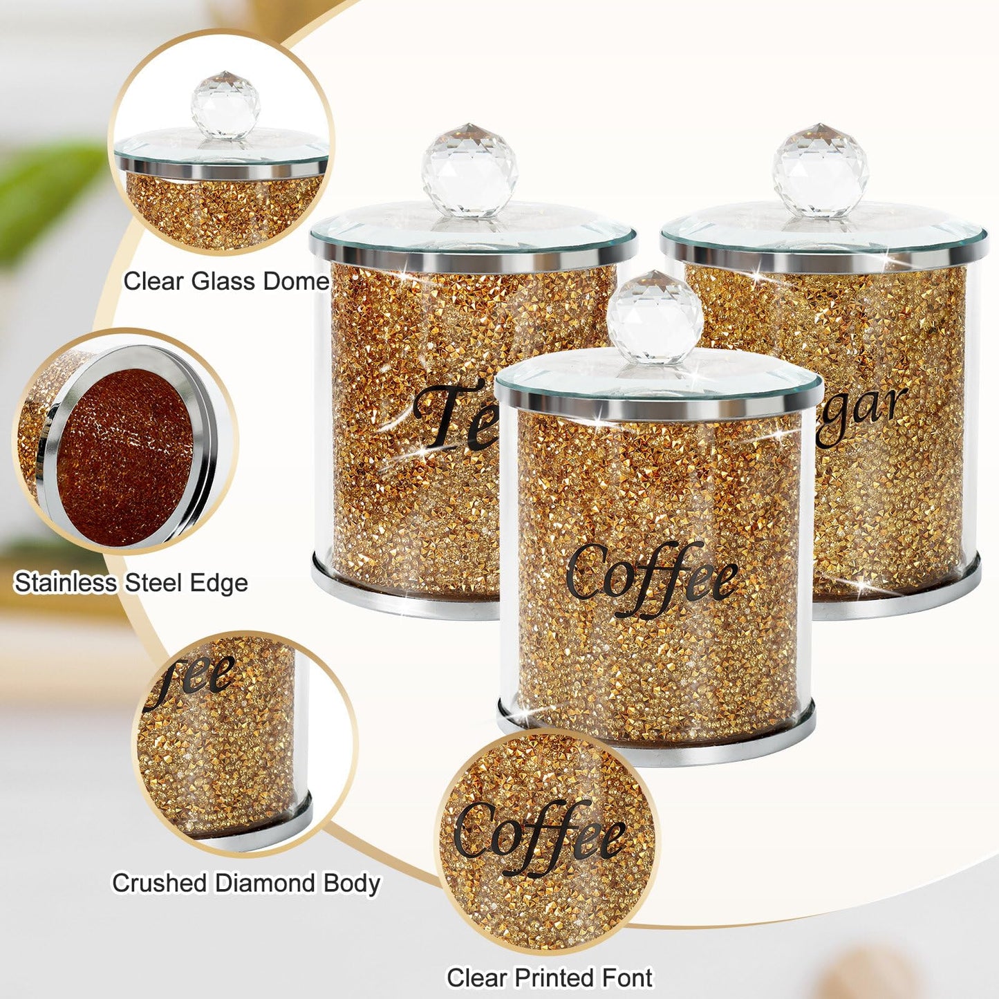 Topsky Coffee Sugar Tea Crystal Canister Set of 4,Sparkly Crystal Crushed Diamonds Home Decor,Silver Kitchen Coffee Jar Storage Set with Label & Lid,Storage Container Set for Countertop,Dining Room