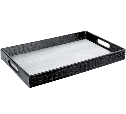 Home Redefined 18"x12" Silver & Black Glossy Crocodile Faux Leather Serving Tray Beautiful Modern Elegant Decorative Tray with Handles Ottoman Coffee Table Tray for All Occasion's