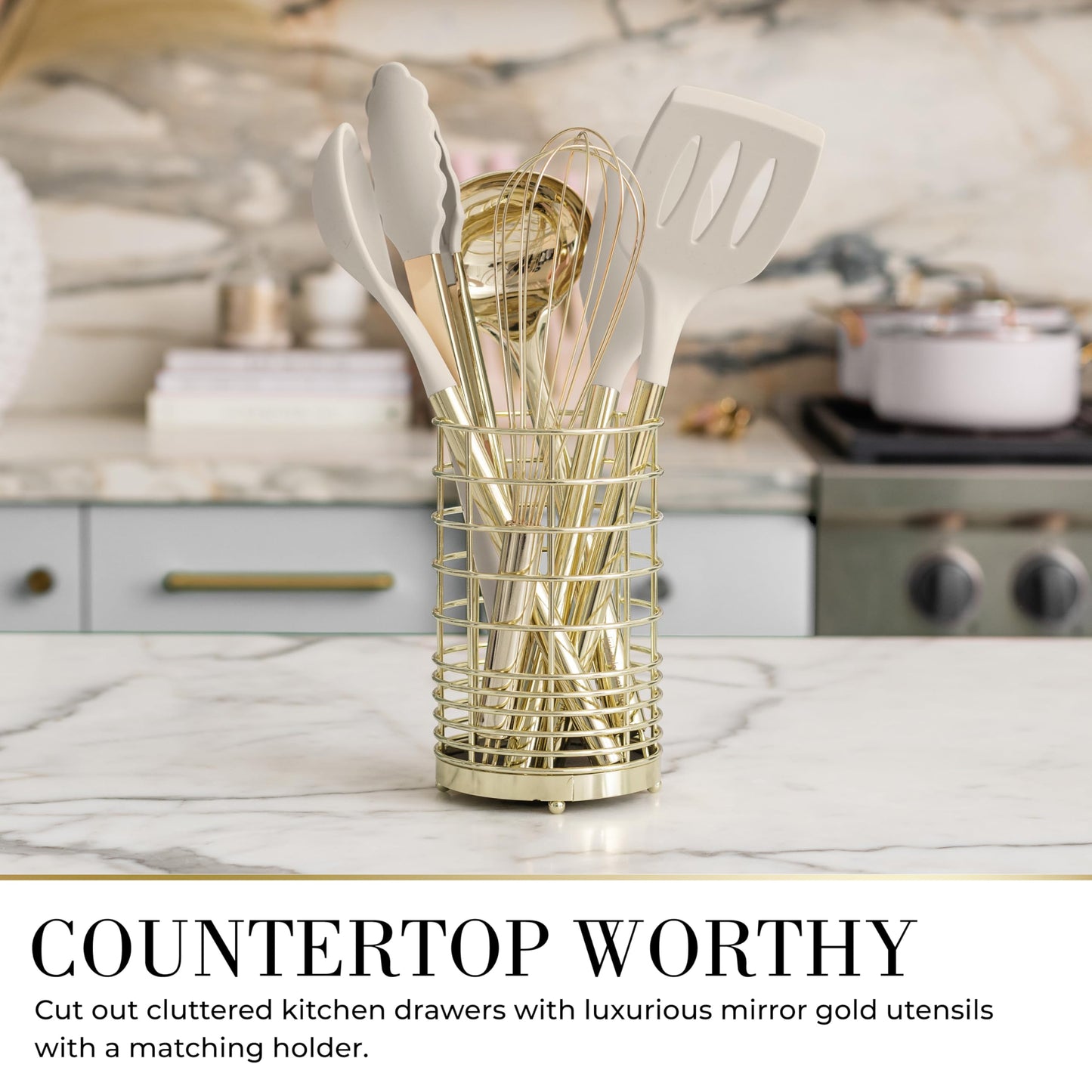 7-Piece Beige and Gold Kitchen Utensils Set – Non-Toxic Silicone and Stainless Steel Tools for Cooking, Serving, and Hosting – Ideal for Nonstick Cookware and Modern Kitchens, with Gold Utensil Holder