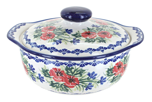 Blue Rose Polish Pottery Cherry Red Bouquet Round Covered Baker