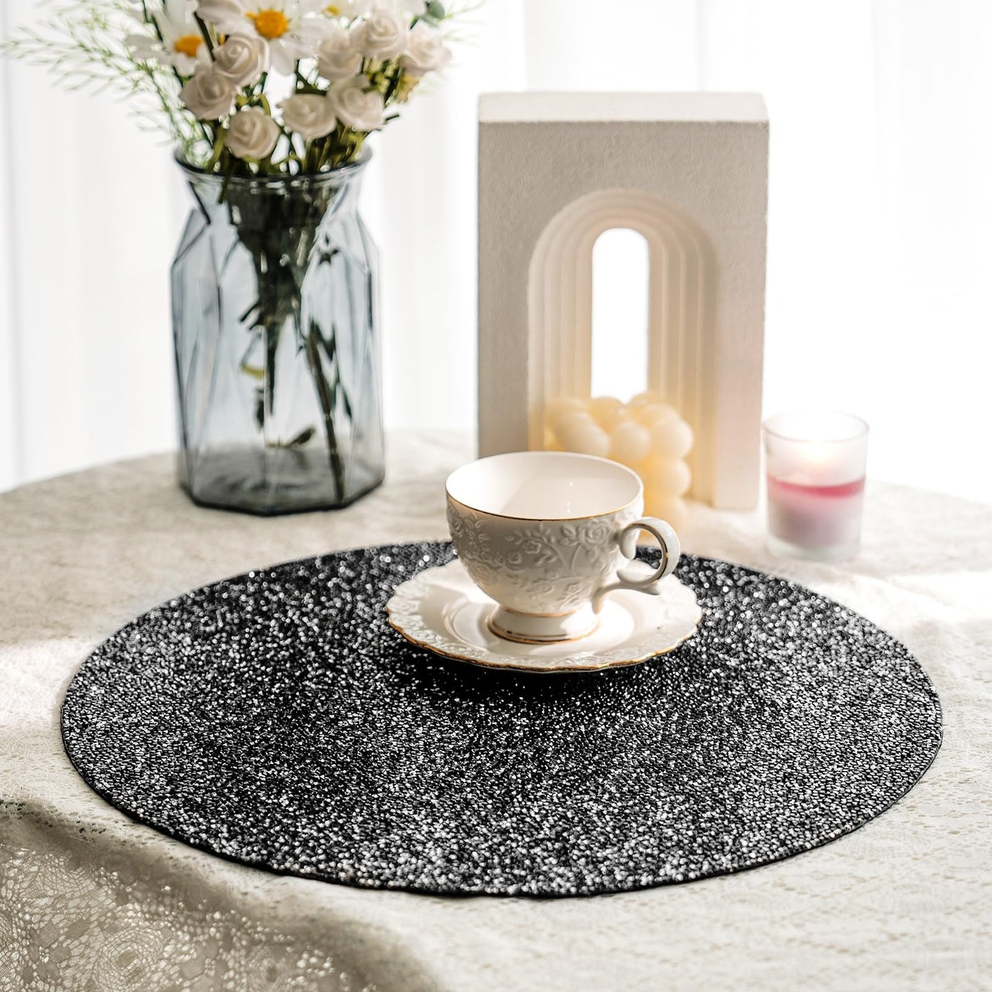 Cumouna Black Placemat Sparkle Crushed Rhinestones Round Washable Elegant Glitter Table Mat for Fall Halloween Wedding Christams Kitchen Home Decor Housewarming Gifts (15 Inch)