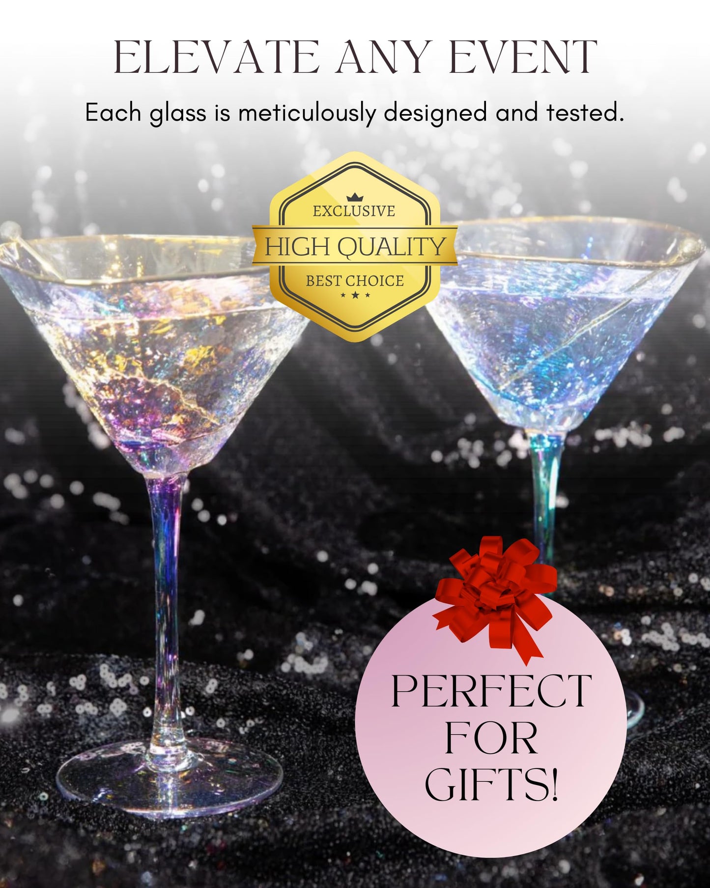 Sister.ly Drinkware Iridescent Handmade Hammered Martini Glasses with Gold Rim – Set of 2 – 8 oz, Perfect for Martinis, Cocktails, and Mocktails