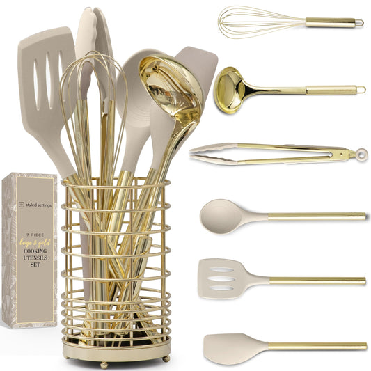 7-Piece Beige and Gold Kitchen Utensils Set – Non-Toxic Silicone and Stainless Steel Tools for Cooking, Serving, and Hosting – Ideal for Nonstick Cookware and Modern Kitchens, with Gold Utensil Holder