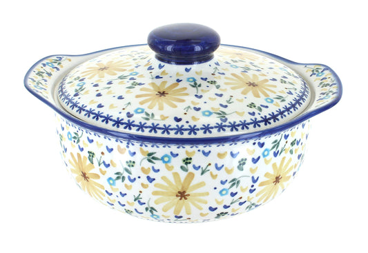 Blue Rose Polish Pottery Yellow Daisy Round Covered Baker