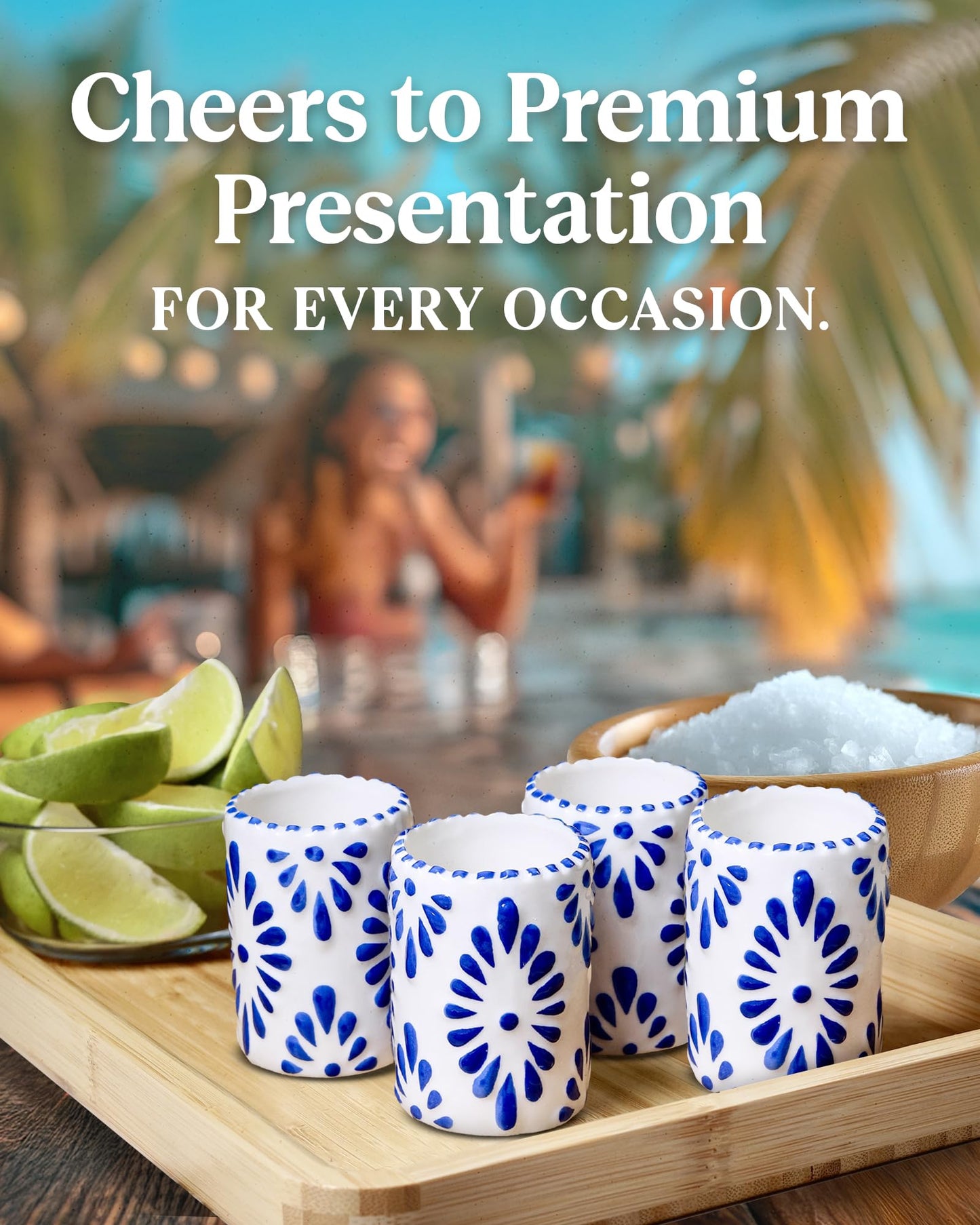 MEZCASA Talavera Shot Glasses — 100% Handmade Ceramic Tequila Shot Glasses with Talavera Mexican Pottery Design — Perfect Tequila Gifts for Women & Men for Any Occasion (BLUE | SET OF 4)