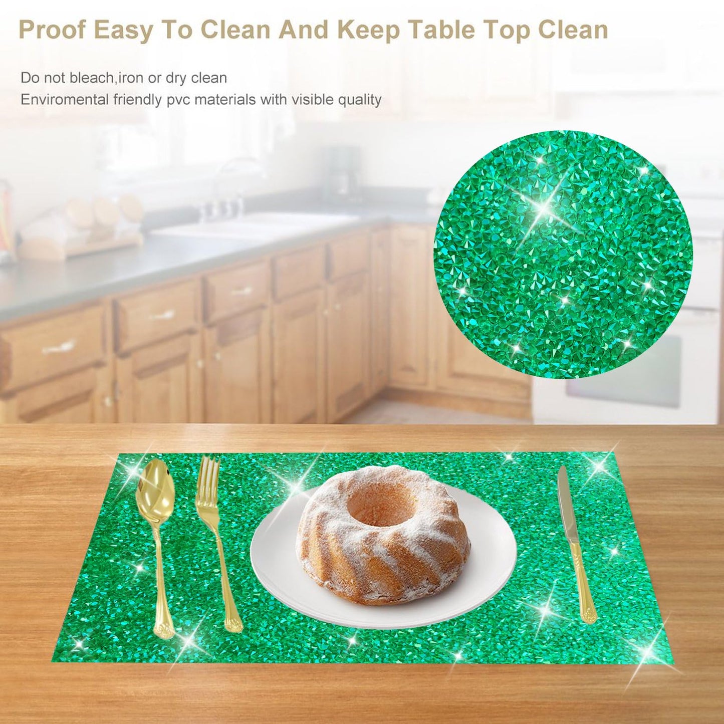 Green Placemats Emerald Heat Resistant Mat Square Placemats Green Trivets Rhinestone Decor Place Mat Crushed Diamond Decor Bling Sparkly Mat Set of 2
