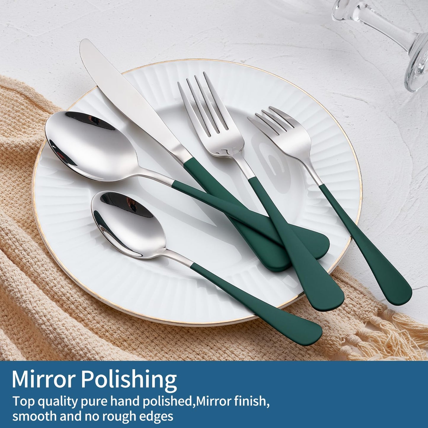 Green 20-Piece Silverware Set 18/0 Stainless Steel Flatware Green Handle Cutlery Set Service for 4 Dinner Knives Forks Spoons Set Mirror Finish Dishwasher Safe
