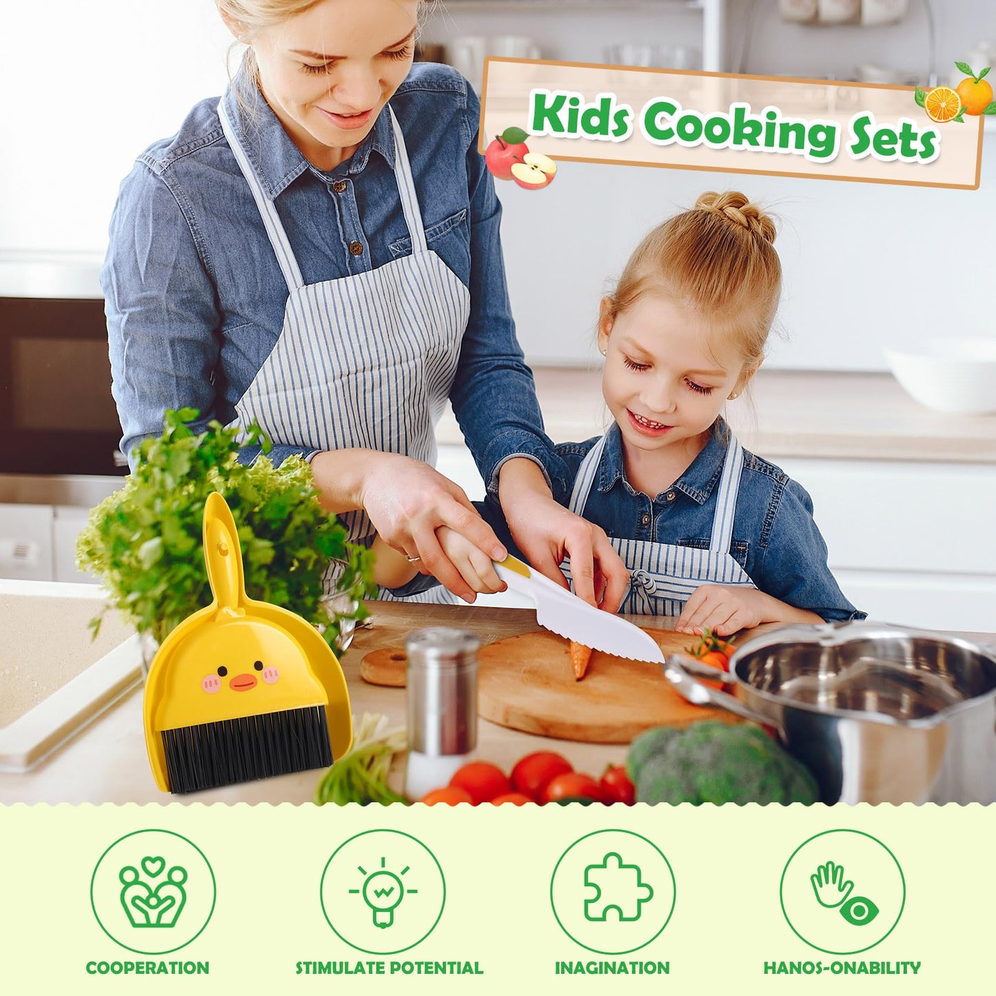 14-Piece Montessori Kids Knife Set for Real Cooking - Safe Plastic and Wooden Kitchen Tool Gift for Toddler Ages 2-9 | Learning Toy with Crinkle / Sandwich Cutter & Cutting Board, Birthday