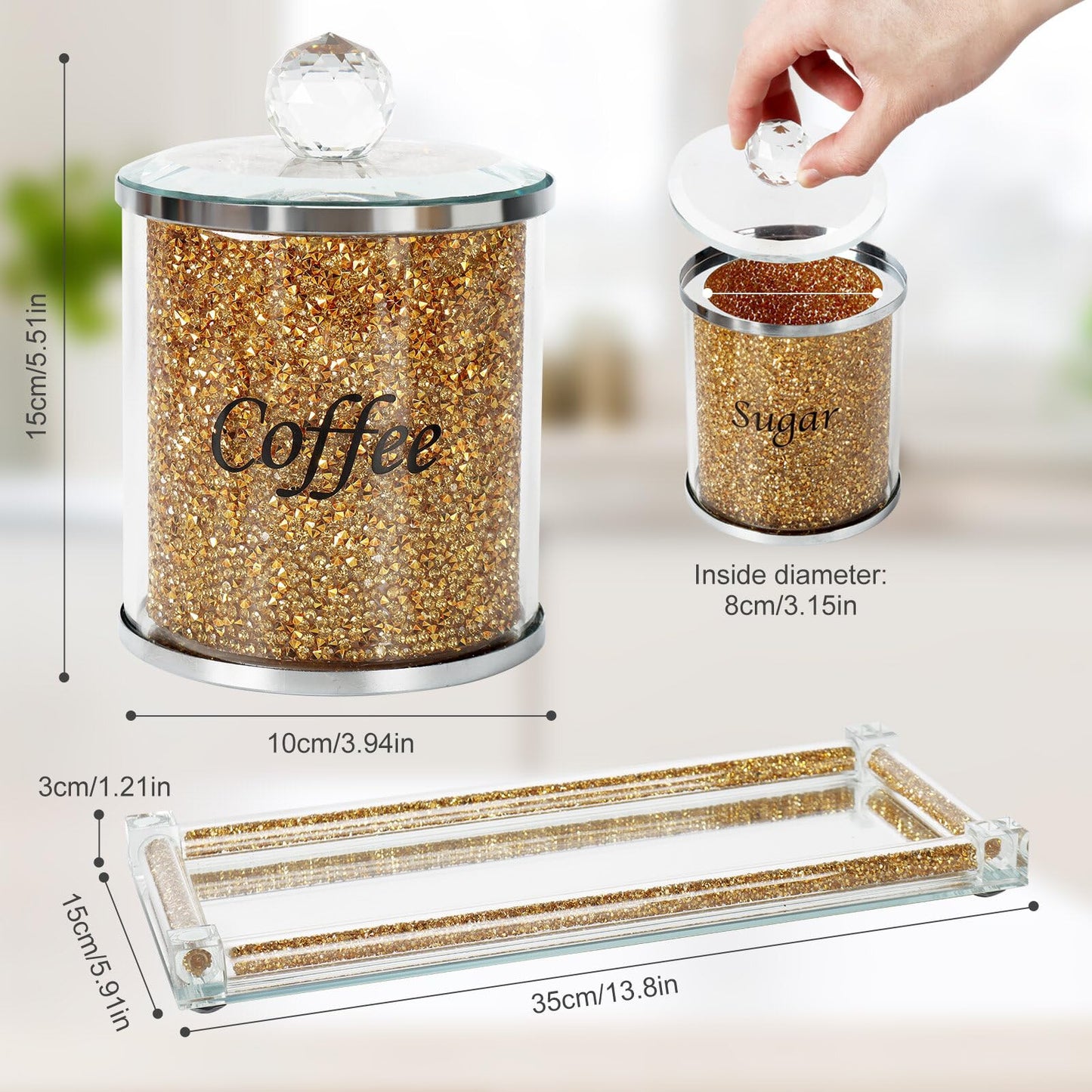 Topsky Coffee Sugar Tea Crystal Canister Set of 4,Sparkly Crystal Crushed Diamonds Home Decor,Silver Kitchen Coffee Jar Storage Set with Label & Lid,Storage Container Set for Countertop,Dining Room