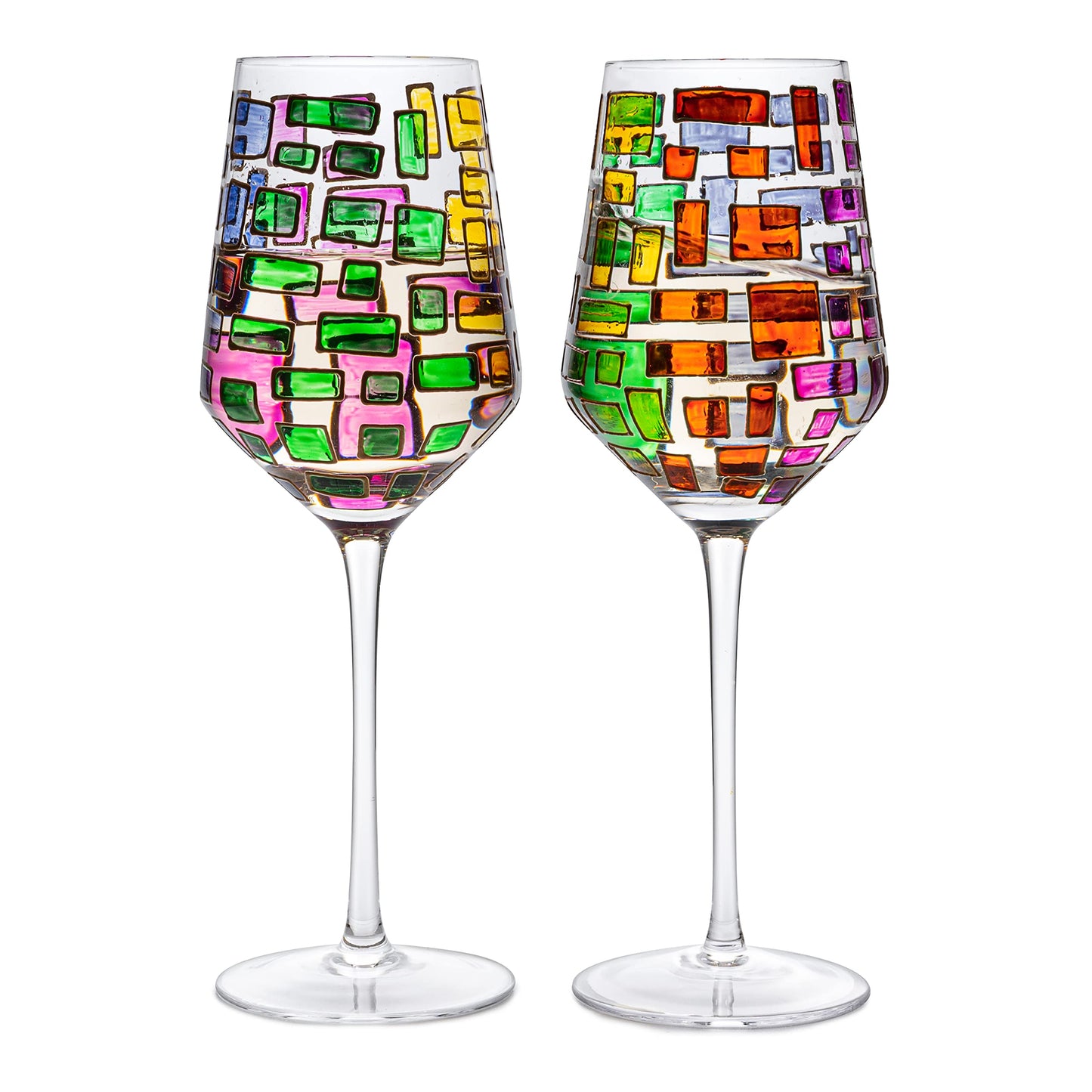 Artisanal Hand Painted Stemmed Wine Glasses - Gift for, Friends, Girlfriends, Sagrada Renaissance Stain-glassed Windows Wines Glass Set of 2 - Gift Idea for Birthday, Housewarming, Extra Large Goblets