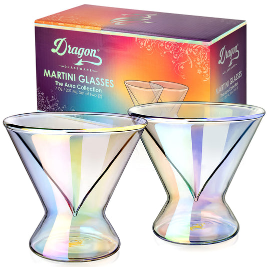 Dragon Glassware Stemless Martini Glasses - 7 oz Iridescent Set of 2 - Double Wall Insulated Cocktail Glass Set - Unique and Fun Gift for Espresso Martini Lovers