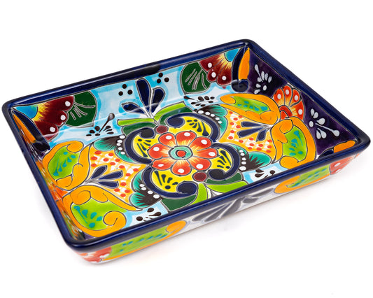Enchanted Talavera Pottery Hand Painted Ceramic Rectangle Serving Platter Dish Appetizer Plate Tray Food Mexican Floral Pattern Party Fiesta Thanksgiving Jewelry Holder (Medium 9.5 x 7.5 x 1.75)