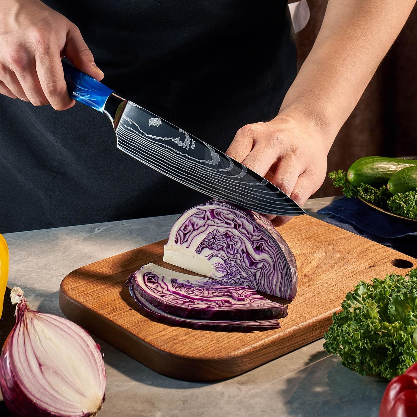 SENKEN 16-Piece Kitchen Knife Block Set - Japanese Chef's Knife Set with Laser Damascus Pattern, Includes 6 Steak Knives and Smoothly-Finished Acacia Hardwood Knife Block (Blue Resin Handles)