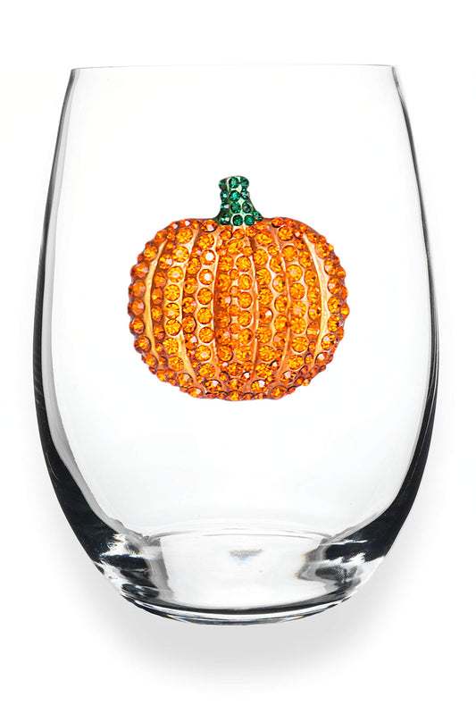 THE QUEENS' JEWELS Pumpkin Jeweled Stemless Wine Glass, 21 oz. - Unique Gift for Women, Birthday, Cute, Fun, Not Painted, Decorated, Bling, Bedazzled, Rhinestone