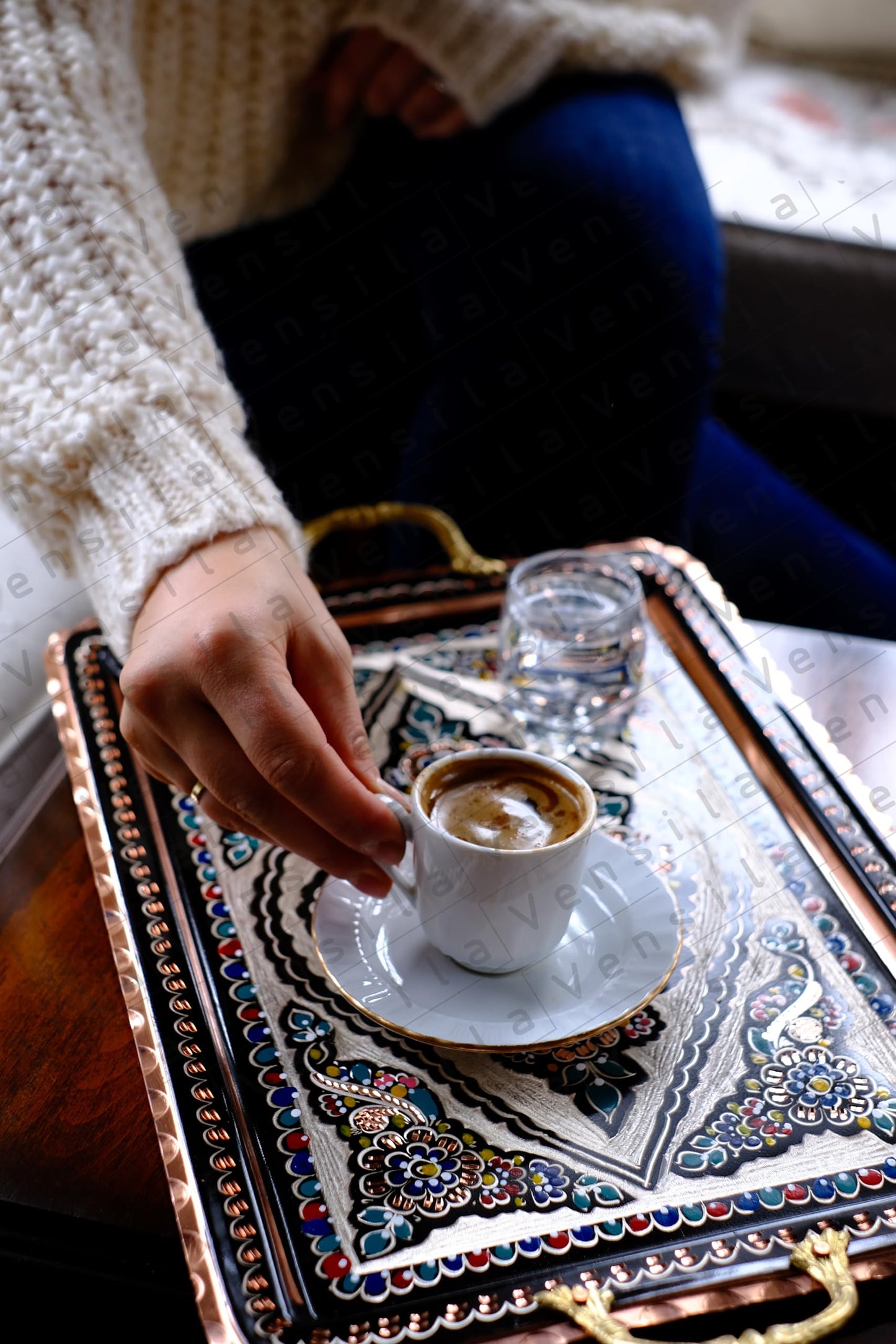 Turkish Coffee Serving Tray with Handles, Handmade Decorative Tray for Coffee Table, Kitchen Counter Decor Tray, Copper Tea Serving Tray with Floral Pattern, Beverage Service Tray (Rectangular)