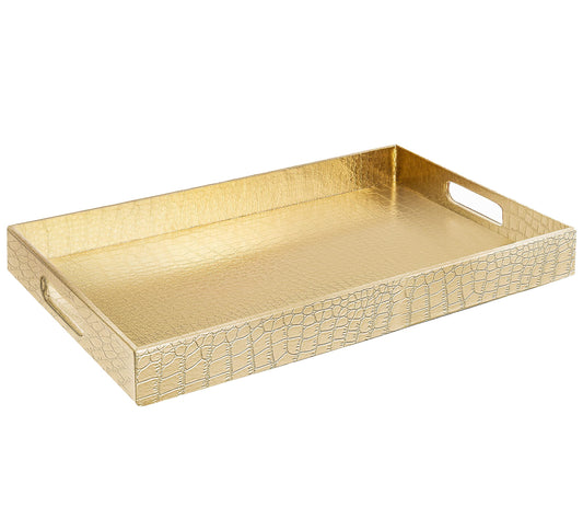 Home Redefined 18"x12" Gold Glossy Crocodile Faux Leather Serving Tray Beautiful Modern Elegant Decorative Tray with Handles Ottoman Coffee Table Tray for All Occasion's