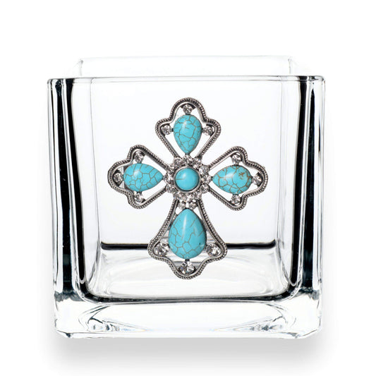 THE QUEENS' JEWELS Turquoise Teardrop Cross Jeweled 4x4 Candleholder Vase - Unique Gift for Women, Birthday, Cute, Fun, Not Painted, Decorated, Bling, Bedazzled, Rhinestone